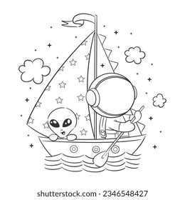 Astronauts are on a ship with friends for coloring