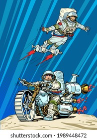 Astronauts on space transport. Flying and riding a motorcycle of the future