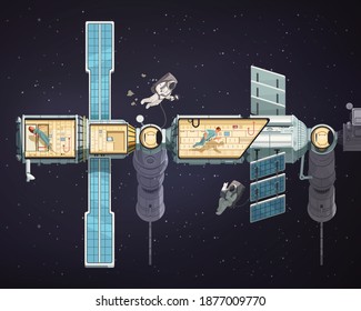 Astronauts In Open Space And International Orbital Station Inside And Outside Cartoon Vector Illustration