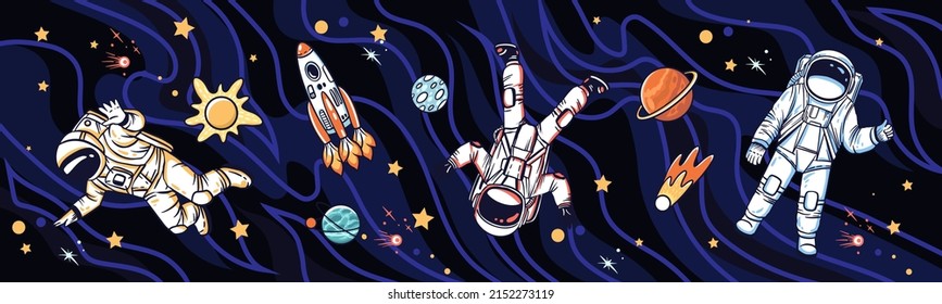 Astronauts in open space. Kid nursery mural wallpaper. Vector hand drawn illustrations