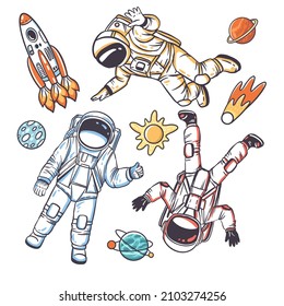 Astronauts in open space . A set of hand drawn vector illustrations with cosmos theme