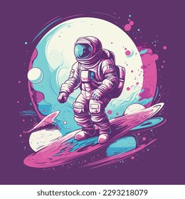 Astronauts operate controls in planetary space explore science technology future poster illustration