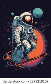 Astronauts operate controls in planetary space explore science technology future poster illustration