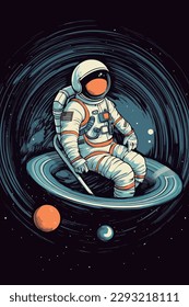 Astronauts operate controls in planetary space explore science technology future poster illustration