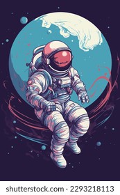 Astronauts operate controls in planetary space explore science technology future poster illustration