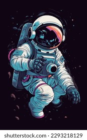 Astronauts operate controls in planetary space explore science technology future poster illustration