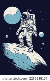 Astronauts operate controls in planetary space explore science technology future poster illustration