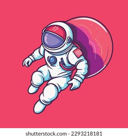 Astronauts operate controls in planetary space explore science technology future poster illustration