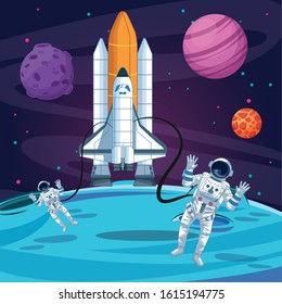 astronauts out of the rocket planets moon space exploration vector illustration