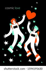 Astronauts in outer space among the stars. A man and a woman reach for the red heart. Greeting card or banner for Valentine's day. The trending colors lava and mint color. Cosmic love. Cosmonaut 