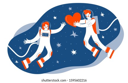 Astronauts in outer space among the stars. A man gives a red heart to a woman. Greeting card or banner for Valentine's Day. 