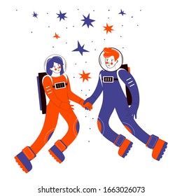 Astronauts in outer space among the stars. Cosmonaut. Couple in love flies in space holding hands. Cosmic love of a man and a woman in the universe. Vector  flat illustration. Happy Valentine's day