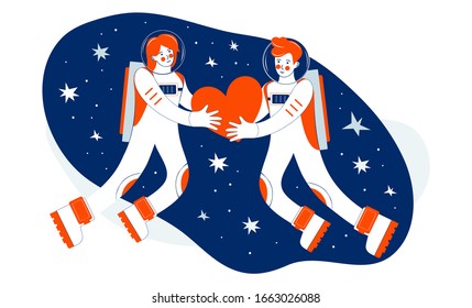 Astronautas en el espacio exterior entre las estrellas. Cosmonauta. La pareja enamorada tiene un corazón rojo en sus manos. Hombre y mujer en el universo. Ilustración plana vectorial. Feliz día de San Valentín
