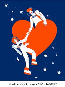 Astronauts in outer space among the stars. Cosmonaut. Couple in love flies on the background of a large red heart. Cosmic love in the universe. Vector  flat illustration. Happy Valentine's day
