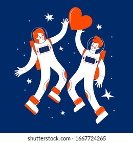 Astronauts in outer space among the stars. Cosmonaut. Couple in love in love holds a red heart in their hands. Man and a woman in the universe. Vector  flat illustration. Happy Valentine's day
