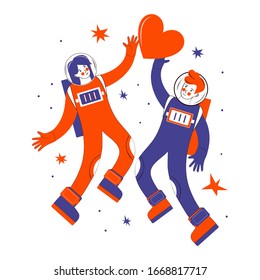 Astronauts in outer space among the stars. Cosmonaut. Couple in love in love holds a red heart in their hands. Man and a woman in the universe. Vector  flat illustration. Happy Valentine's day