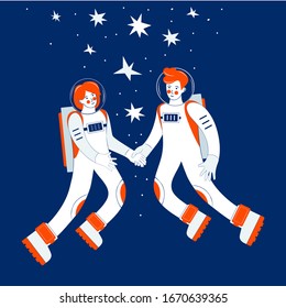 Astronauts in outer space among the stars. Cosmonaut. Couple in love flies in space holding hands. Cosmic love of a man and a woman in the universe. Vector  flat illustration. Happy Valentine's day