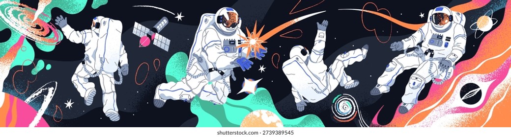 Astronauts are in outer space banner. Spacemen are flying in endless cosmos, interstellar travel. People in spacesuit fly in galaxy, universe. Cosmonauts are spacewalking. Flat vector illustration