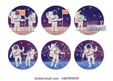 Astronauts in outer space flat concept icons set. Cosmonauts flying in zero gravity, placing flag stickers, cliparts pack. Alien planet, moon landing isolated cartoon illustrations on white background