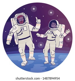 Astronauts in outer space flat concept icon. Cosmonaut in spacesuit floating in cosmos  sticker, clipart. Interstellar travelers, space exploration isolated cartoon illustration on white background