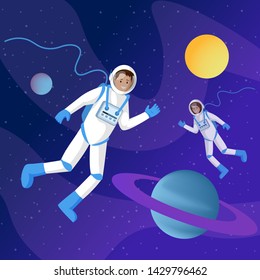 Astronauts in outer space flat illustration. Two cosmonauts in spacesuits floating in cosmos zero gravity cartoon vector characters. Interstellar travel, adventure, space exploration drawing