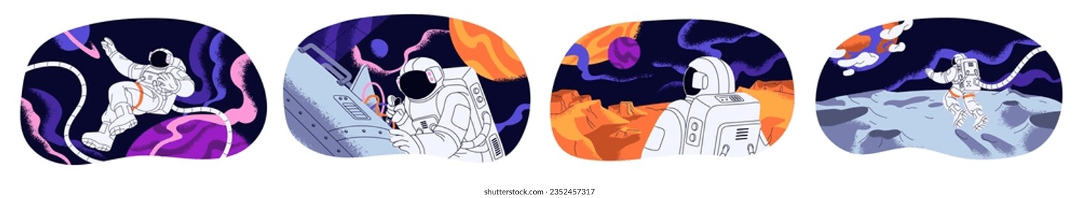 Astronauts in outer space set. Cosmonauts travel to planets, mars, moon. Spacemen in spacesuits exploring universe, galaxy. Astronomy mission. Flat vector illustration isolated on white background