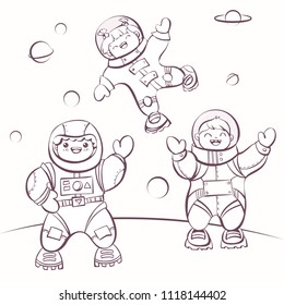 Сartoon astronauts in outer space, vector illustration for colouring