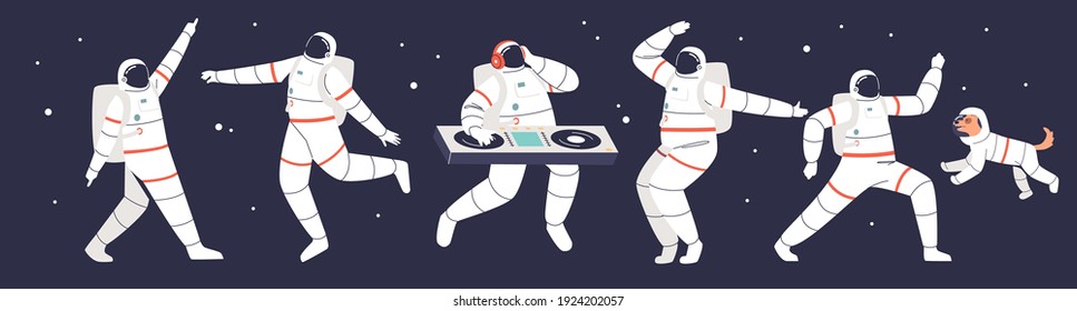 Astronauts party: group of cartoon spacemen dancing in space wearing space suits over galaxy and stars background. Flat vector illustration