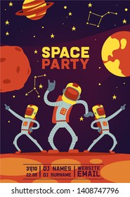 Astronauts party vector cosmonaut spaceman character dancing in space cosmos backdrop universe galaxy planets stars moon illustration astronomy background.