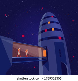 Astronauts passengers crew entering boarding space starship rocket vehicle on launchpad shuttle departure flight on moon mars to earth. Cosmos futuristic lunar orbit exploration mission night start.