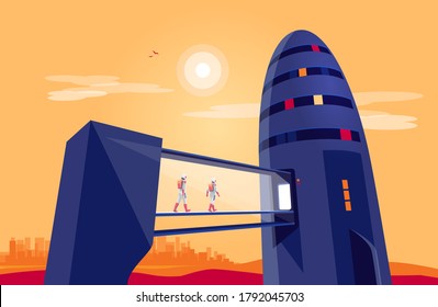 Astronauts passengers crew entering boarding space starship rocket vehicle on launchpad shuttle departure flight to moon mars on earth. Cosmos futuristic lunar orbit exploration mission sunset start.