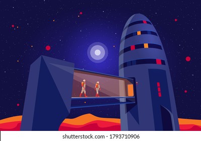 Astronauts passengers crew entering boarding space starship rocket vehicle on launchpad shuttle departure flight on moon mars to earth. Cosmos futuristic red planet exploration mission night start.