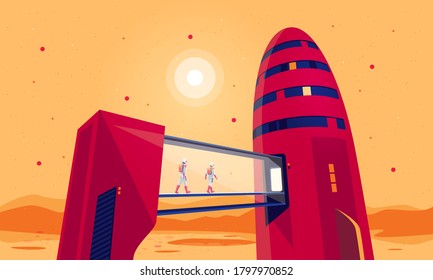 Astronauts passengers crew entering boarding space starship rocket vehicle on launchpad shuttle departure flight from mars. Future red planet colonisation exploration mission. Starman building colony
