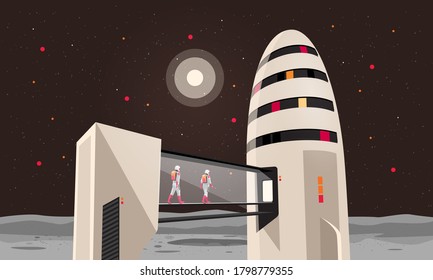 Astronauts passengers crew entering boarding space starship rocket vehicle on launchpad shuttle departure flight from moon. Future moon base colonisation exploration mission. Starman building colony.