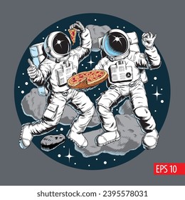 Astronautas con pizza en el espacio exterior, estrellas y asteroides en segundo plano. Entrega de pizza o pizzería. Ilustración vectorial de estilo cómic.