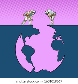 Astronauts and Planet Earth. Pit silhouette. Pop art retro vector illustration 50s 60s style