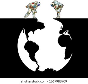 Astronauts and Planet Earth. Pit silhouette. Pop art retro vector illustration 50s 60s style