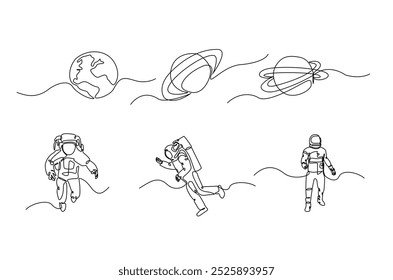 Astronauts and planets in continuous one line drawing. Simple line art illustration of astronauts and planets. Editable vector.