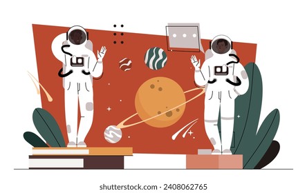 Astronauts with planets. People in spacesuits. Galaxy and universe. Astronomy and astrology. Space travelers and adventures. Cartoon flat vector illustration isolated on white background