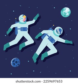 astronauts with planets space scene