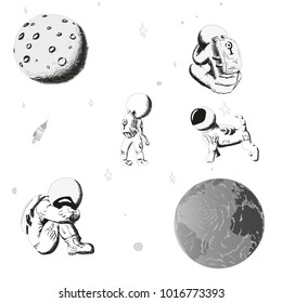 Astronauts, planets, stars. set of isolated vector illustration without background.