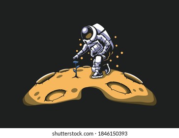 Astronauts planting flowers on the Moon Vector Design Template.