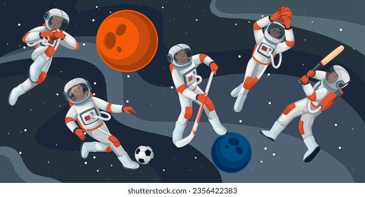 Astronauts play sports games in outer space vector illustration. Cartoon cosmonauts players flying and running with balls, sporty astronauts in spacesuits playing baseball basketball soccer football