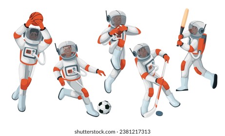 Los astronautas juegan juegos deportivos e ilustran vectores. Caricatura aisló a personajes de cosmonautas golpeando y atrapando a la pelota, astronauta jugando fútbol y fútbol americano, béisbol y baloncesto, hockey sobre hielo