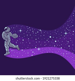 Astronauts playing basketball isolated in purple