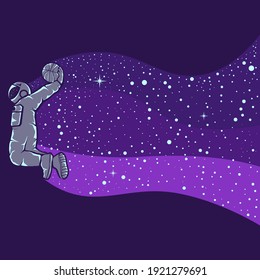 Astronauts playing basketball isolated in purple