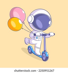 Astronauts playing on scooters and carrying balloons