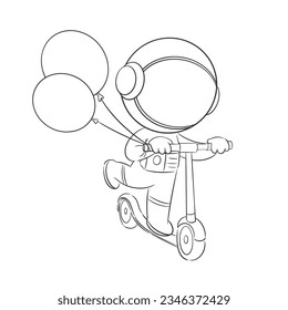 Astronauts playing on scooters and carrying balloons for coloring