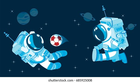 astronauts playing soccer or football in outer space