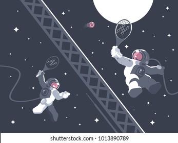 Astronauts playing tennis in outer space. Active sports in weightlessness. Vector illustration